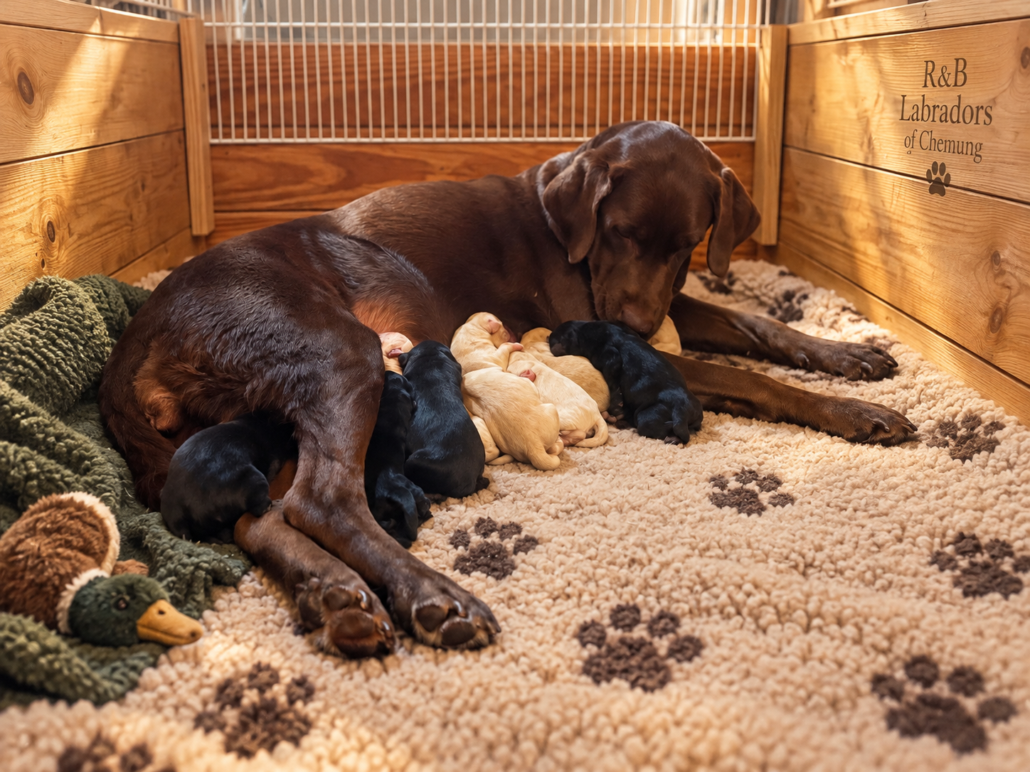 Ginger with her newborn yellow and black Labrador puppies